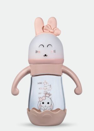 M05-Pink Glass Bottle: 240ML/8 OZ Capacity with Soft Handle and Protective Base - Pink bow